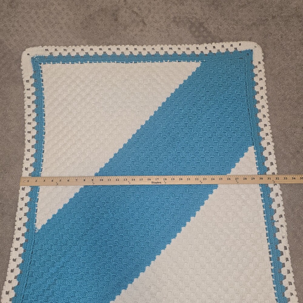 Vintage Handmade Crochet Afghan Lap Blanket Turquoise White 41x32 Retro - Picture 7 of 9